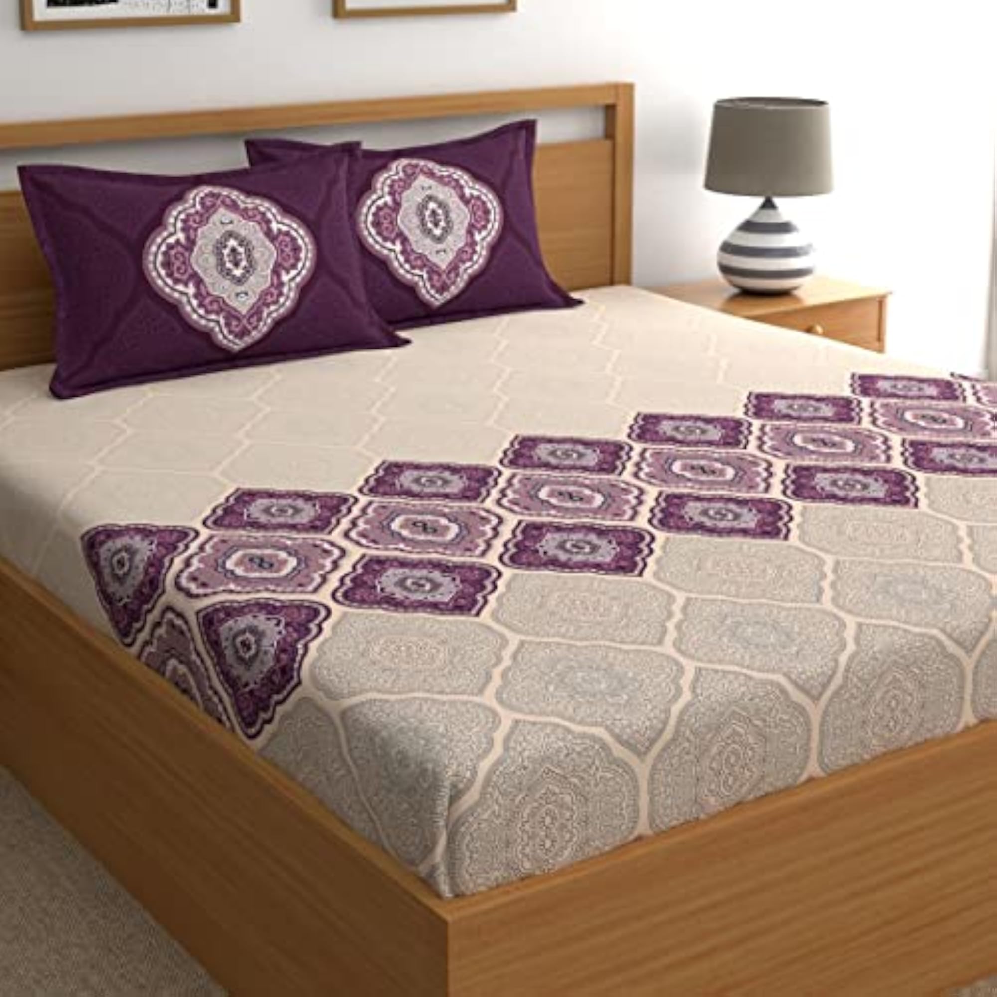 140 TC 100% Cotton Double Printed Bedsheet, 2 Pillow Covers, Purple